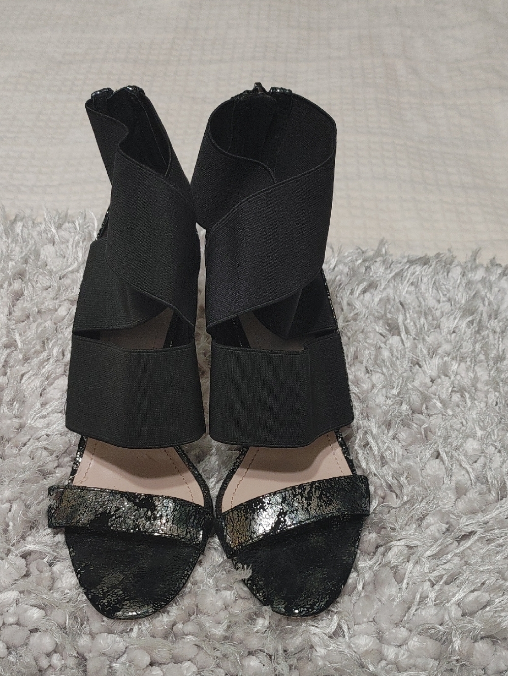 Vince Camuto Black Elastic Wrap High Heel Sandals with Metallic Toe Strap